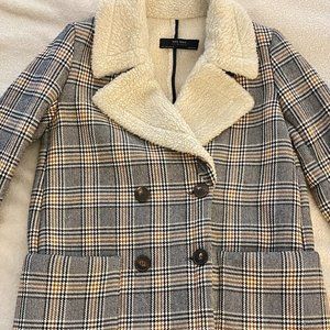 Zara Double Breasted Sherpa Lined Plaid Coat Size S